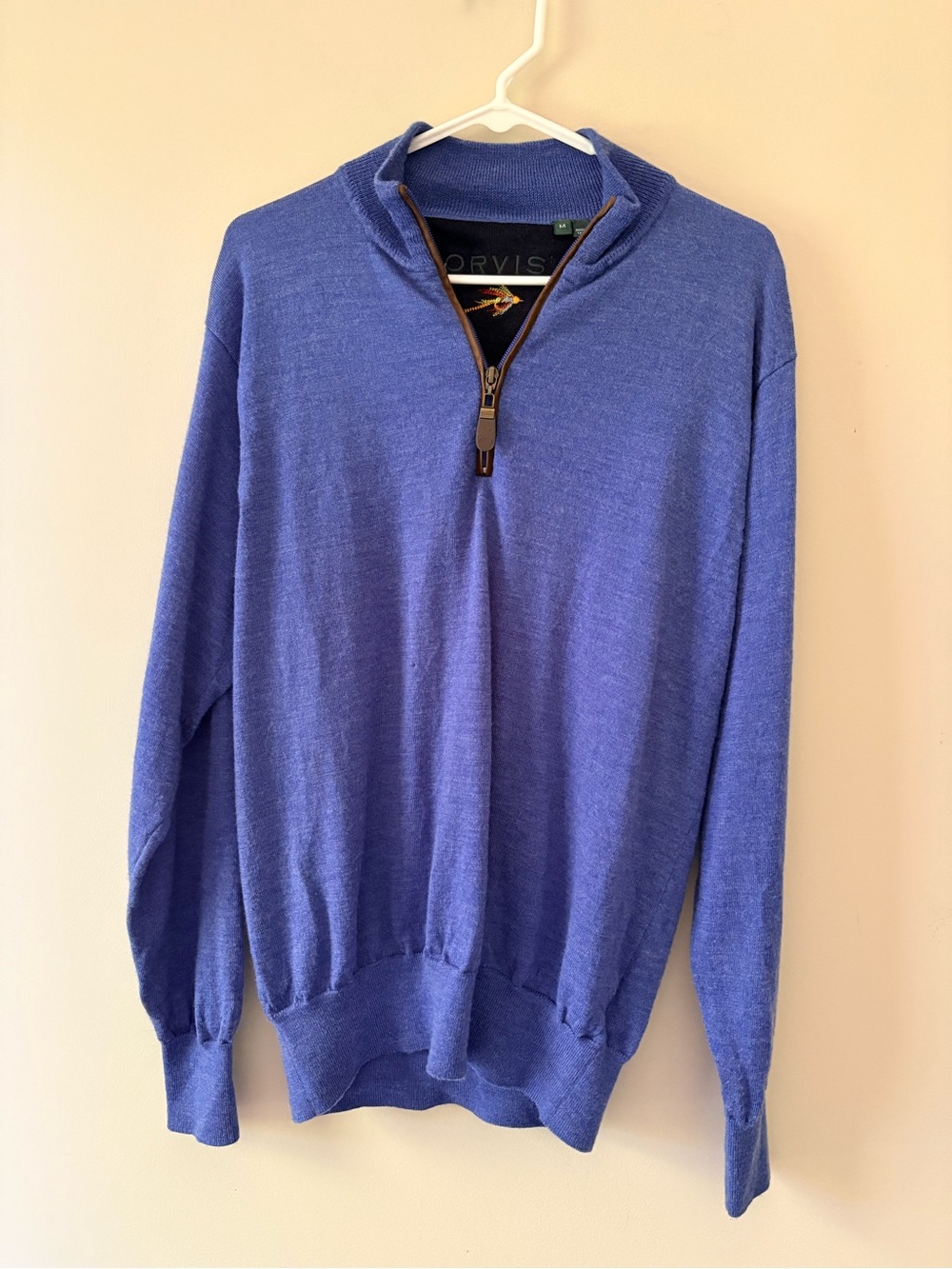Orvis Men's Medium Merino Wool Sweater 1/4 Zip Pullover Blue Fly Fishing Outdoor